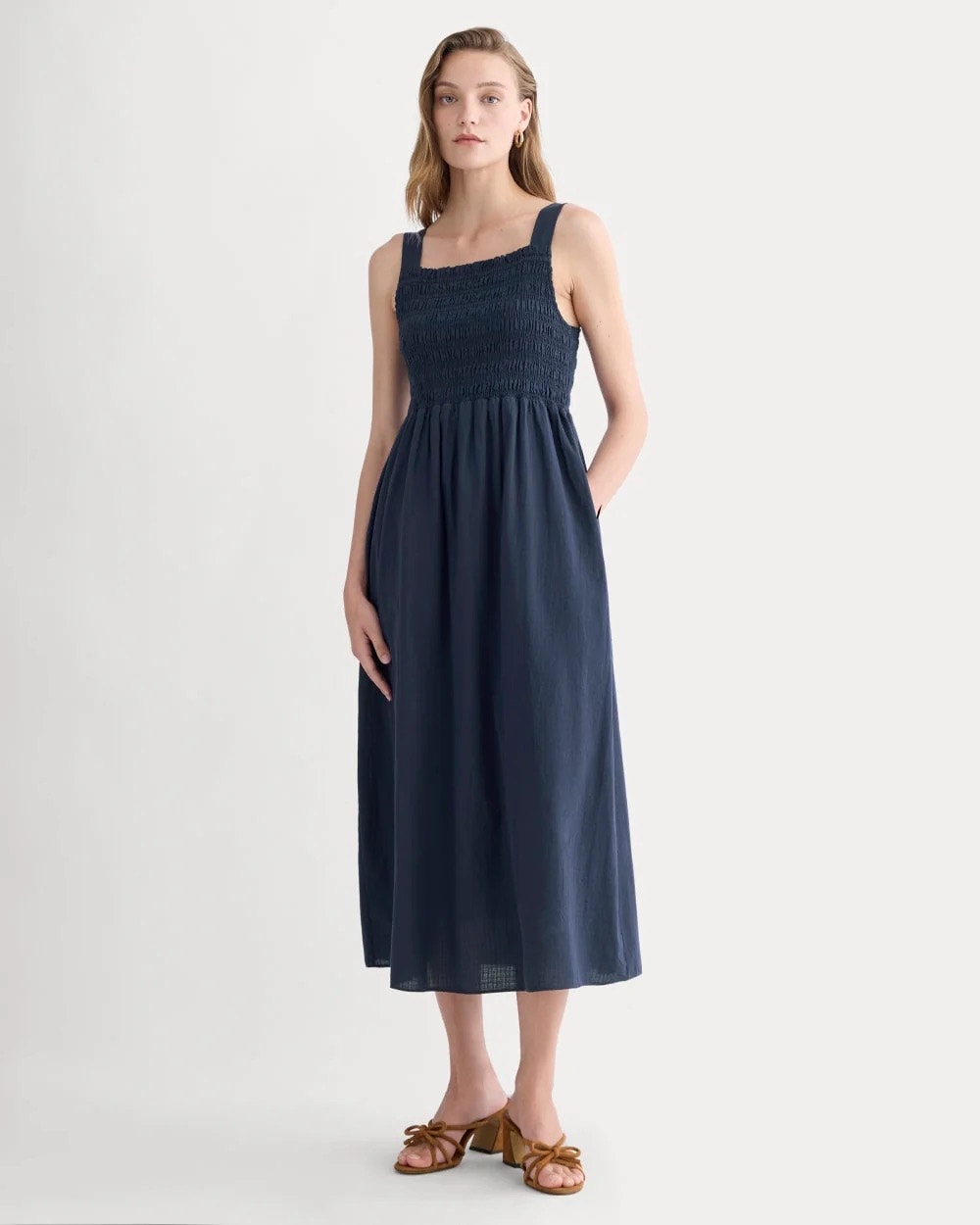 Everlane Women's The Cotton Gauze Smock Midi Dress Navy Blue Size Large Nwt